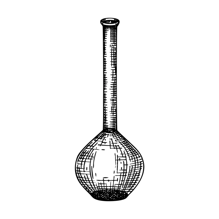 Hand sketched glass bottle illustration in vintage style. Glassware drawing for alchemy, medicine, cosmetics, or perfume. Alchemy laboratory equipment sketch. Magic lab flask isolated on white